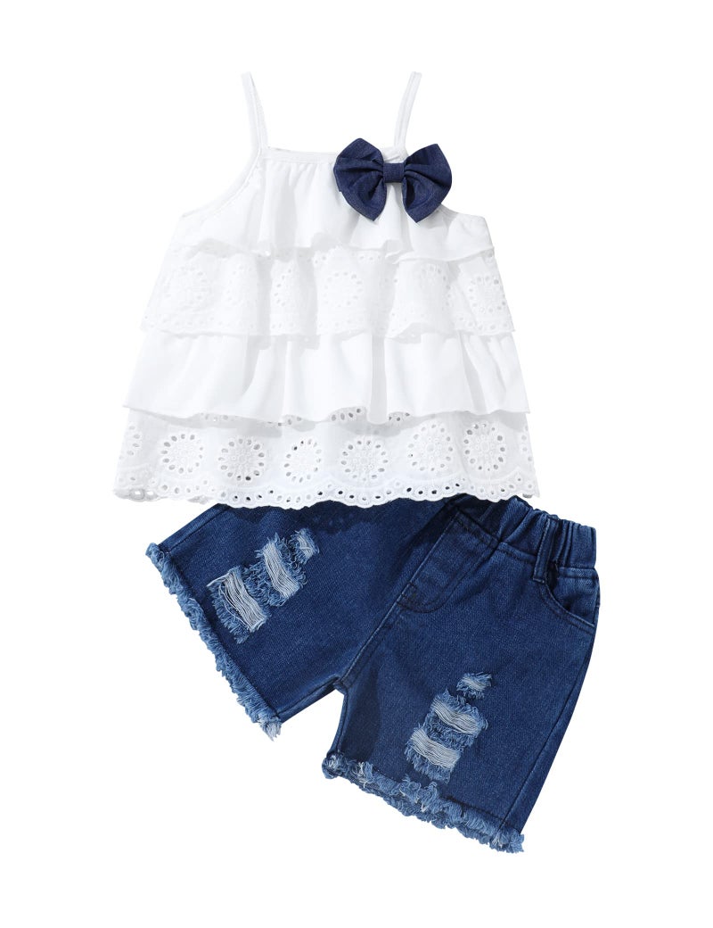 Hipea Toddler Baby Girls Clothes Ruffle Cami Polka Dot Tank Tops Casual Shorts 2-Piece Kids Short Set (Cami laces, 3-4T) - Image 1
